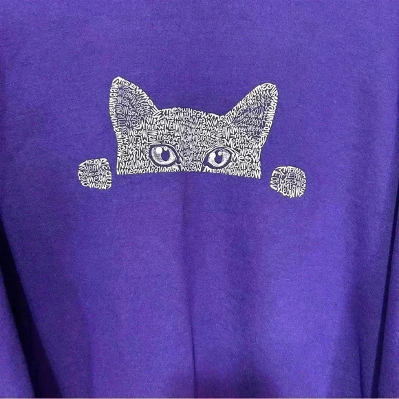 PEEKING CAT WOMEN'S MEOW WORD ART PURPLE CREWNECK SWEATSHIRT SIZE LARGE - Picture 2 of 7